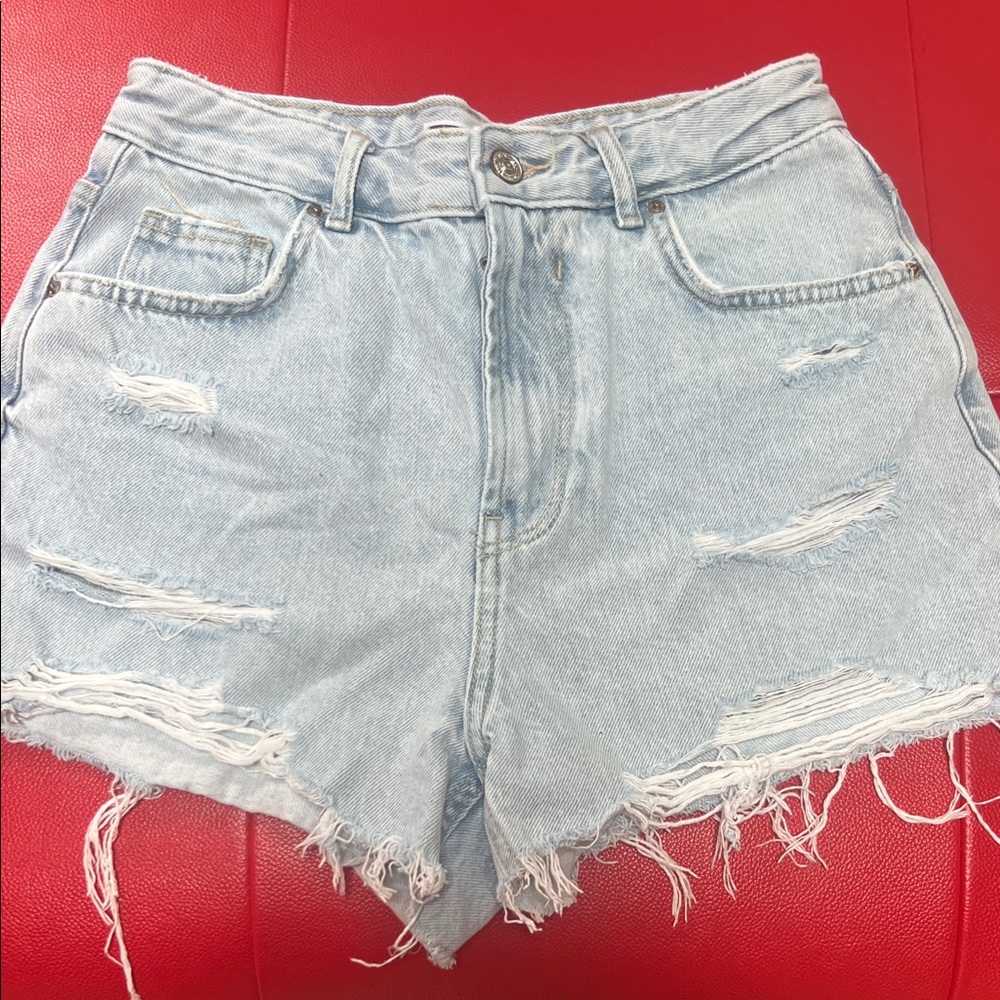 Bershka Light Wash Ripped Jean Shorts
